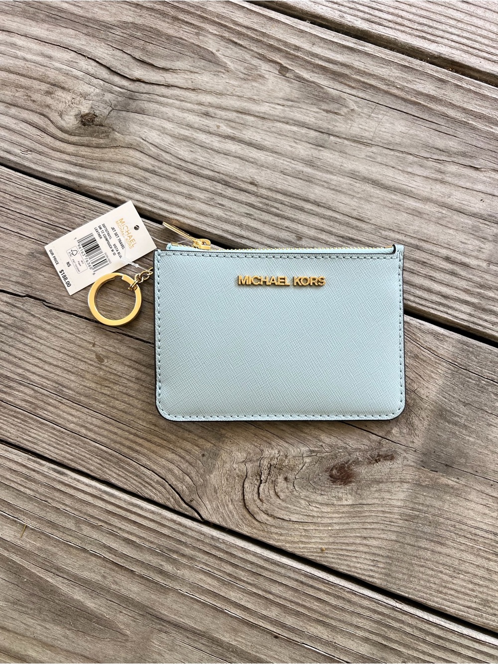 NWT MICHAEL KORS Vista Blue Saffiano Leather ID/Card Holder+Coin Pouch